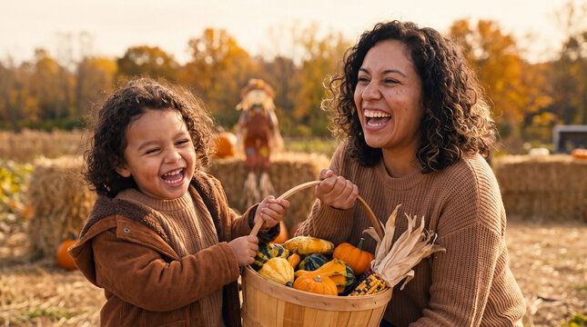 A happy Hispanic mother and toddler carrying a basket of gourds at a pumpkin patch for autumn, ideal for harvest social media posts.