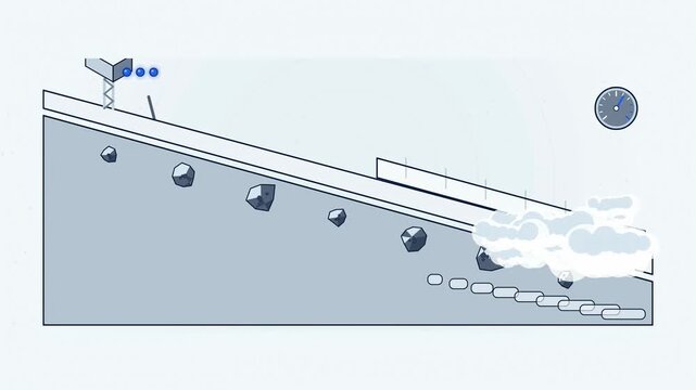 Abstract animated slab avalanche releasing down a slope drawn as blue and cyan lines and shapes on a bright, clean light background. Seamless looping 4K motion graphics video with free space for text,