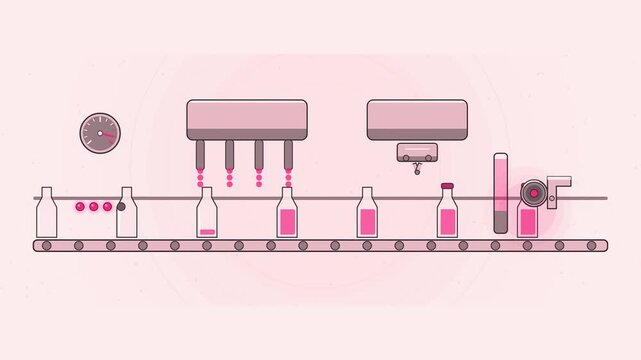 Abstract animated bottles filled and capped on the line drawn as coral and magenta lines and shapes on a bright, clean light background. Seamless looping 4K motion graphics video with free space for t
