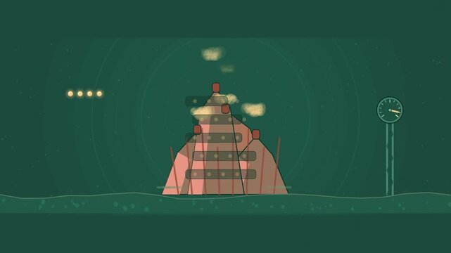 Abstract animated air circulating through a termite mound drawn as green and teal lines and shapes on a deep dark background. Seamless looping 4K motion graphics video with free space for text, ideal 
