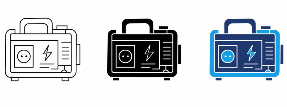 Portable electric generator icon with outlet plug and power bolt. Symbol of emergency power supply, backup energy, outdoor generator, fuel engine, electricity source, and station.