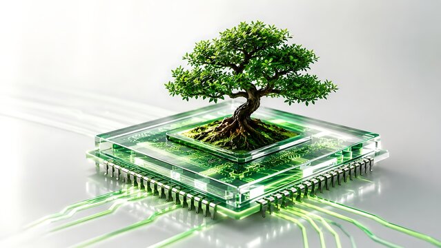 Bonsai tree growing on computer chip with glowing green circuits
