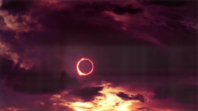 Annular Solar Eclipse Ring of Fire in Dramatic Red Clouds