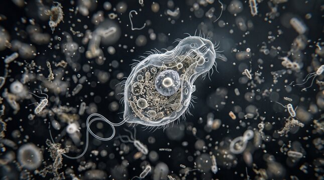 3D illustration of a Stentor protozoan microorganism swimming in a fluid environment for microbiology, science, and biology concept.