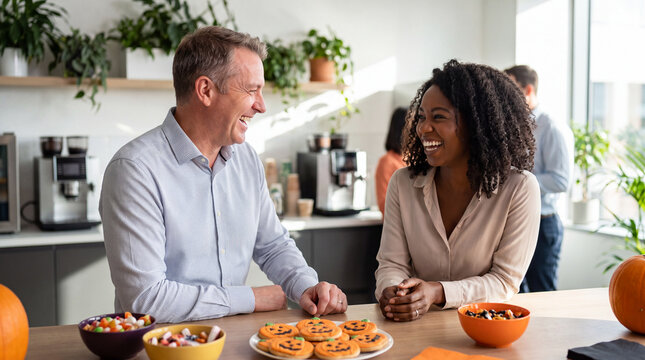 Two cheerful colleagues enjoying pumpkin cookies at an office Halloween treat table for internal communication visuals.