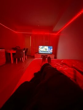 Cozy room with red lights decoration 