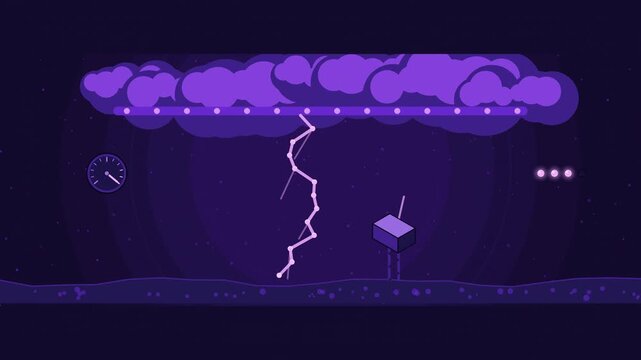 Abstract animated stepped leader reaching down before the strike drawn as violet and blue lines and shapes on a deep dark background. Seamless looping 4K motion graphics video with free space for text