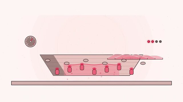 Abstract animated tide pool filling and draining drawn as coral and magenta lines and shapes on a bright, clean light background. Seamless looping 4K motion graphics video with free space for text, id