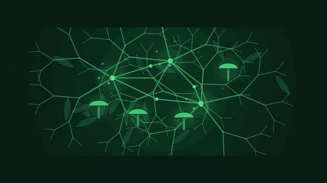 Abstract animated mycelium spreading through the soil drawn as green and teal lines and shapes on a deep dark background. Seamless looping 4K motion graphics video with free space for text, ideal for 