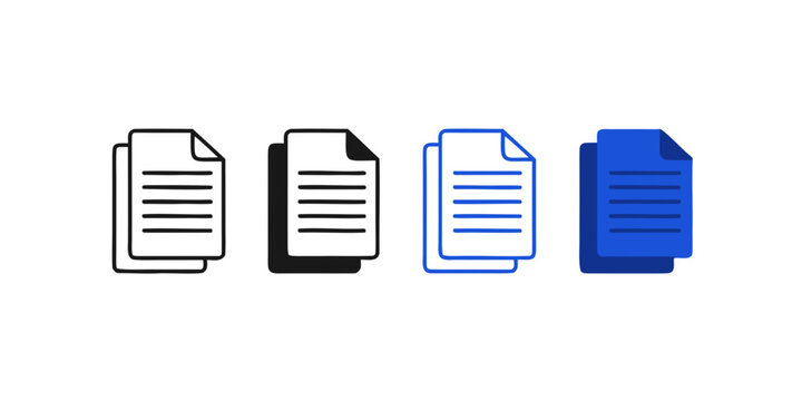 Document icons with lines and shadows in outline and solid fills against white