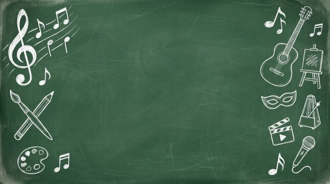 Creative arts and music elements drawn on a green chalkboard background with copy space.