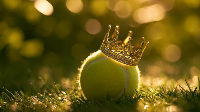 A tennis ball wearing a golden crown sits in the grass during sunset. Perfect conceptual image for sports tournament champion or elite athlete themes.