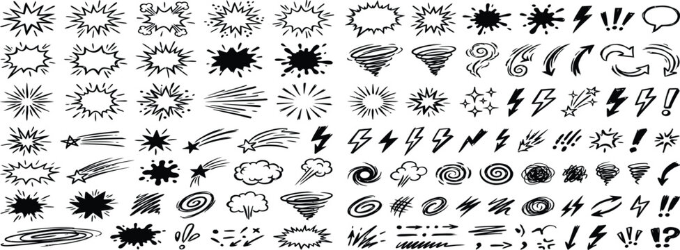 Line speed cartoon effect, boom explosive motion line element set. Comic boom burst, explosive smoke, line speed cartoon vector icon. Hand drawn sketch doodle action effect. Vector illustration .icons