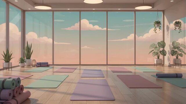 Empty yoga studio with mats on the floor and large windows showing a cloudy sky, ready for a peaceful fitness session.