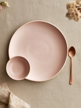 pink plate and bowl with copper spoon on table