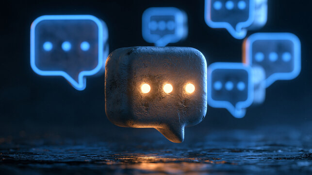 a digital artwork depicting floating communication icons. one prominent speech bubble in the foreground has a rough, metallic silver texture and glows .