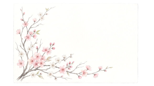 Watercolor pink cherry blossom branch corner floral arrangement