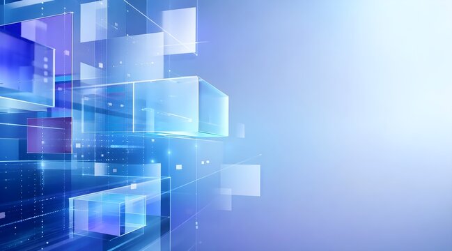 abstract futuristic technology background with transparent glowing cubes floating in blue digital space