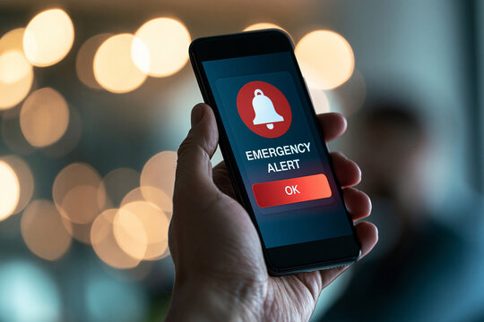 A hand holds a smartphone displaying an emergency alert notification on the screen. Conceptual image for public safety warnings and critical mobile alerts.