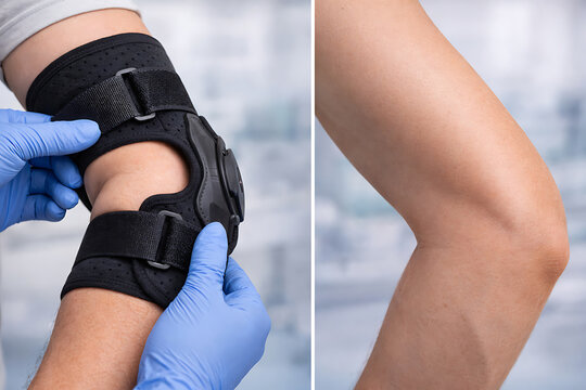 Orthopedic knee brace fitting before and after rehabilitation support for injured leg recovery