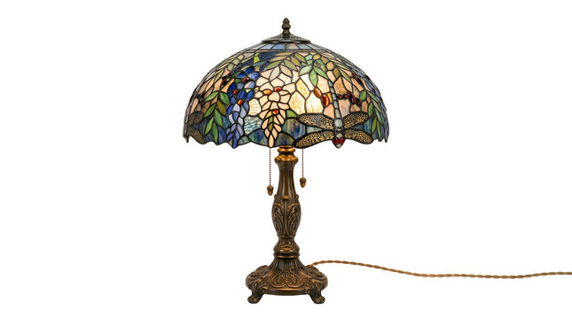 Tiffany style stained glass table lamp isolated on white background, ideal for home decor and vintage lighting design, and creative projects, high quality visuals, modern branding needs