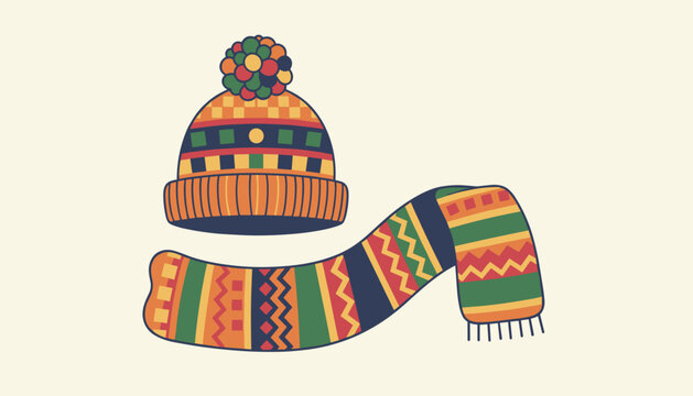 Cozy winter clothing set including a knit beanie with a pom-pom and a matching scarf with colorful geometric patterns.
