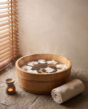 Elegant Foot Spa Ritual: Wooden Basin with Floral Petals and Hot Stones