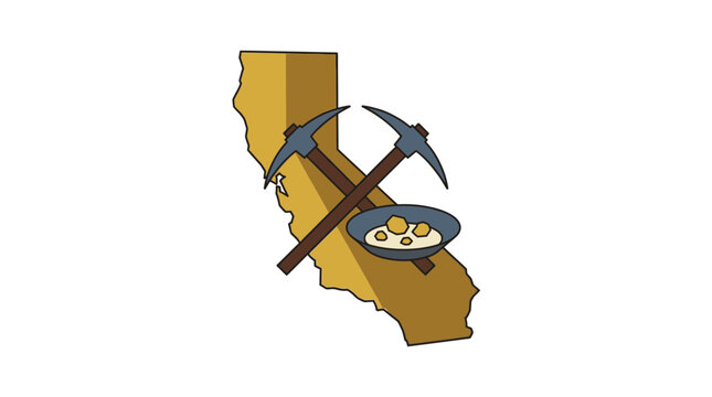 California Admission Day commemorative badge featuring state map, crossed pickaxes, and gold panning pan