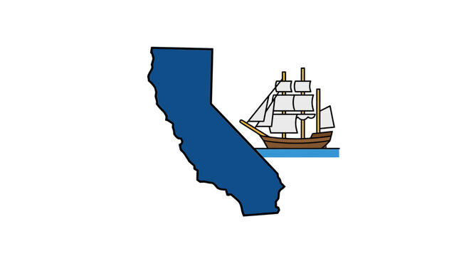Flag of California featuring a ship sailing on the sea within the state's outline on a white background