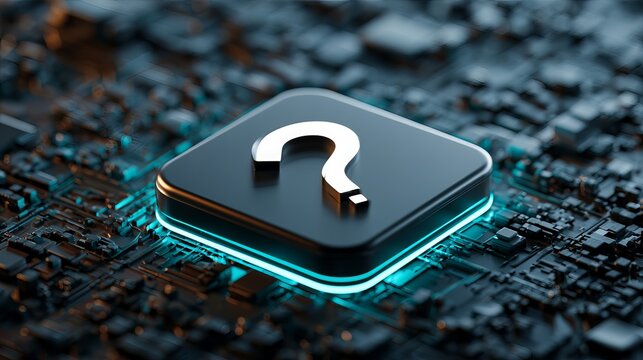Sleek square button displaying a question mark icon, glowing with blue light, resting on a detailed circuit board pattern, concept for digital queries