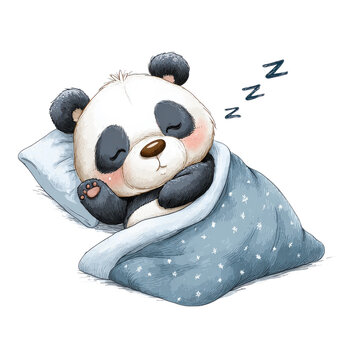 Cute panda sleeping illustration, cozy baby bear cartoon in blue polka dot blanket, nursery and kids bedtime design isolated PNG with Transparent Background