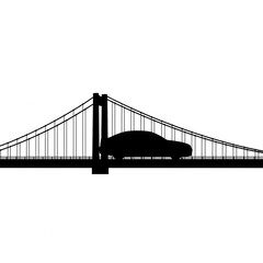 Fototapeta premium Minimalist Silhouette Illustration of a Modern Car Driving Across a Suspension Bridge Infrastructure Design