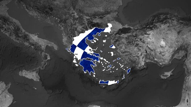 Topographical map animation zooming in on Greece, highlighted with the national flag
