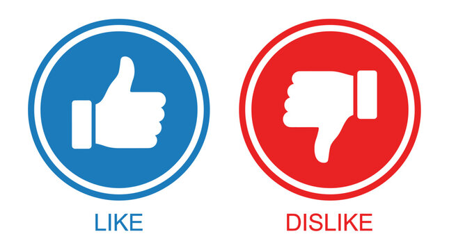 Blue thumbs up like and red thumbs down dislike circular icons with text labels for social media feedback buttons