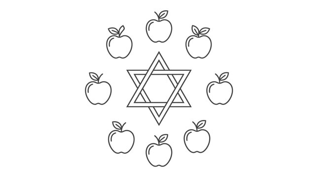 Star of David symbol surrounded by fresh apples in a circle outline icon style illustration for Rosh Hashanah holiday