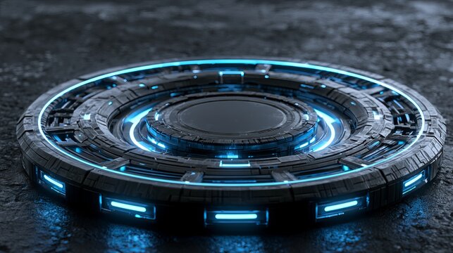 Glowing futuristic platform with intricate mechanical details positioned on a dark textured surface, representing technology&rsquo;s advancement and innovative concept design