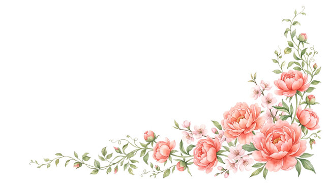 Watercolor coral pink peony flower and leaf corner arrangement