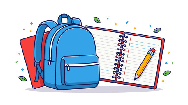 Blue school backpack with an open notebook and a yellow pencil for student education and learning back to school study