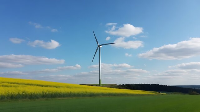 Single wind turbine standing in a vibrant yellow rapeseed field under a blue sky with clouds representing renewable energy and green technology