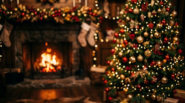 Warm and cozy christmas scene with a decorated tree and a glowing fireplace