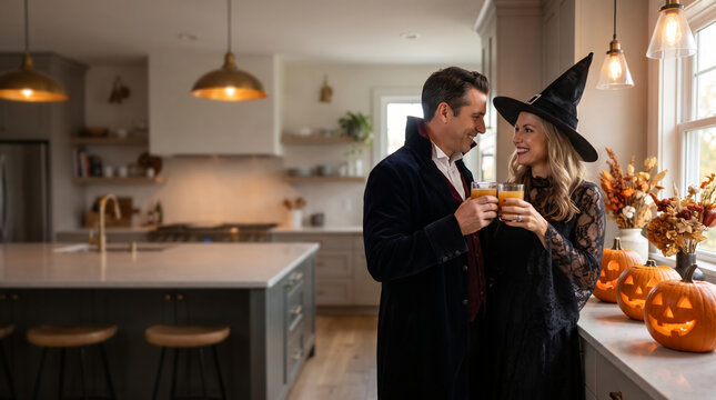 Elegant Adult Couple in Vampire & Witch Attire Toasting with Cider