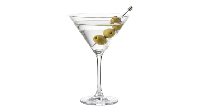 Classic martini glass filled with clear alcohol cocktail and three green olives isolated on transparent background.