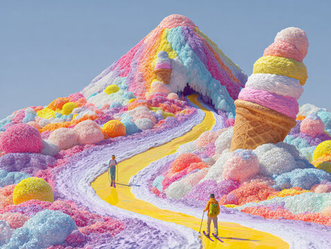 Surreal candy land landscape with ice cream slopes and tiny people