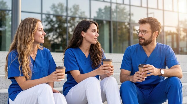 Medical professionals in blue scrubs enjoying a coffee break outdoors in front of a modern building.