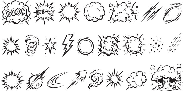 Comic book action explosion elements and cartoon impact speed line effects.