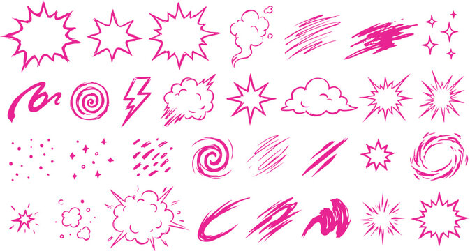 Hand drawn pink comic book explosion effects and doodle design elements.