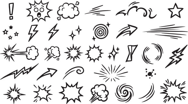 Comic book style action burst elements and speed lines for graphic design.