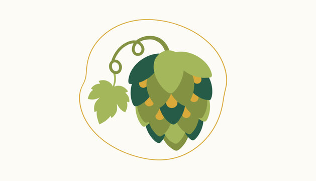 Minimalist hop cone illustration with green leaves in a circular gold frame perfect for brewery or beer related branding.