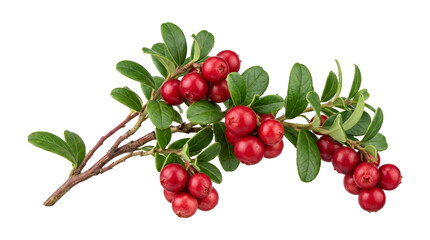 Fresh red lingonberries on leafy green branch for healthy food design isolated on transparent background. © Isolated_png