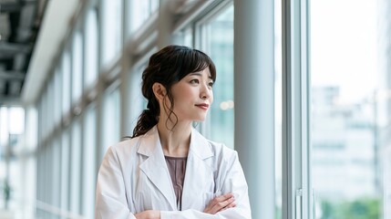 Fototapeta premium Young Asian female doctor in white lab coat thoughtfully gazing out large window, presenting a modern medical setting concept for healthcare professionals